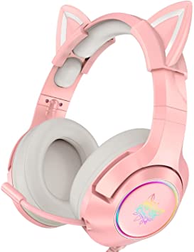 ONIKUMA Gaming Headset with Removable Cat Ears, Surround Sound, RGB LED Light & Noise Canceling Retractable Microphone for PS5, PS4, Xbox One (Adapter Not Included), Nintendo Switch, PC-Pink