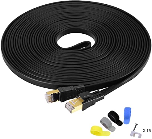Cat 8 Ethernet Cable, Flat Network LAN Cable 30 ft Shielded, 26AWG 40Gbps 2000Mhz - High Speed Rj45 Cord Support Cat5/Cat6/Cat7 - Black