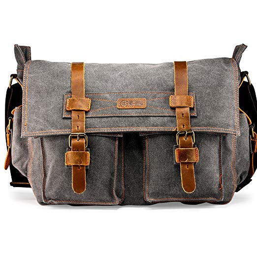 GEARONIC 14"-17" Men's Messenger Bag Laptop Satchel Vintage Shoulder Military Crossbody … (17 inch, Slate)