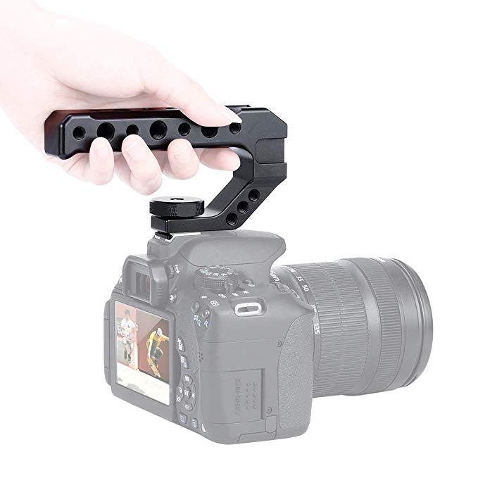 R005 Camera Top Handle Camera Top Cheese Handle Grip Universal Video Stabilizing Rig W 3 Cold Shoe Adapters to Mount Microphone, LED Light, Monitor, Easy Low Angle Shoots Metal