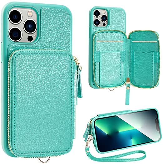 ZVE Wallet Case Compatible with iPhone 13 Pro 6.1 inch, RFID Card Holder Case with Wrist Strap Leather Handbag Case for Women Protective Cover Compatible with iPhone 13 Pro 6.1" 5G (2021) - Mint Green
