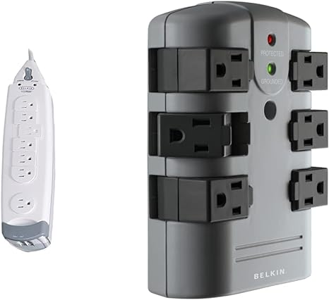 Belkin 7-Outlet SurgeMaster Home Series Power Strip Surge Protector, White & Power Strip Surge Protector - 6 Rotating AC Multiple Outlets, Flat Pivot Plug