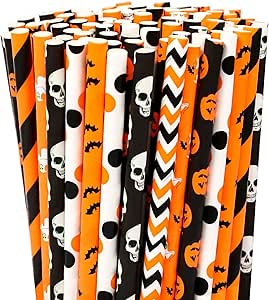 Halloween Paper Straws,200 Pcs Biodegradable Paper Drinking Straws For Halloween Party Supplies 10 Mixed Styles, Ghosts, Skulls, Pumpkins, Bats and Other Elements.