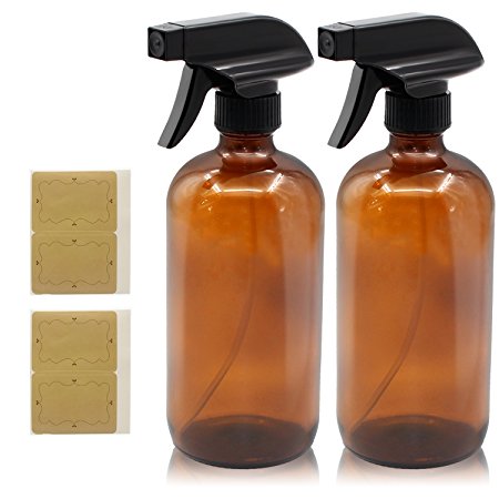 2 New, Empty Amber Glass Spray Bottle - Large 16 oz Refillable Container with Black Trigger, Great for Essential Oils, Cleaning Products, Aromatherapy and Cooking