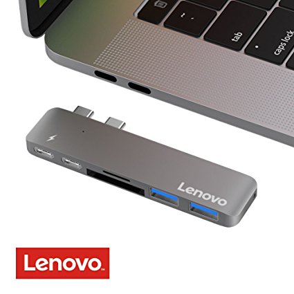 Lenovo USB C Hub, Aluminum Type C Hub Adapter for MacBook Pro 13" and 15" 2016/2017, Thunderbolt 3 Port, USB-C Port, SD and Micro SD/TF Card Reader and 2 USB 3.0 Ports, Grey