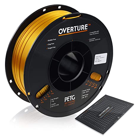 OVERTURE PETG Filament 1.75mm with 3D Build Surface 200 x 200 mm 3D Printer Consumables, 1kg Spool (2.2lbs), Dimensional Accuracy  /- 0.05 mm, Fit Most FDM Printer (Gold)