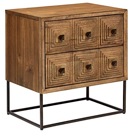 Rivet Mid-Century Modern Industrial Geometric Carved Wood Bedroom Nightstand, 24", Brown, Black Metal