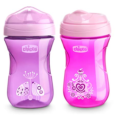 Chicco Rim Spout Trainer Spill Free Bite Poof Rim Baby Sippy Cup, 9 Months , Pink/Purple, 9 Ounce (Pack of 2) (00007062100070)