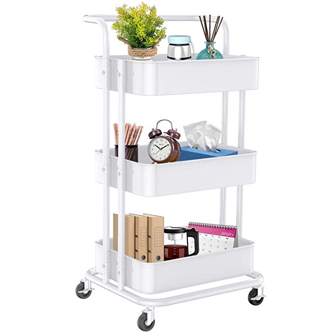 3-Tier Rolling Utility Cart, Multifunctional Metal Organization Storage Cart with 2 Lockable Wheels for Office, Home, Kitchen, Bedroom, Bathroom, Laundry Room by Pipishell (White)