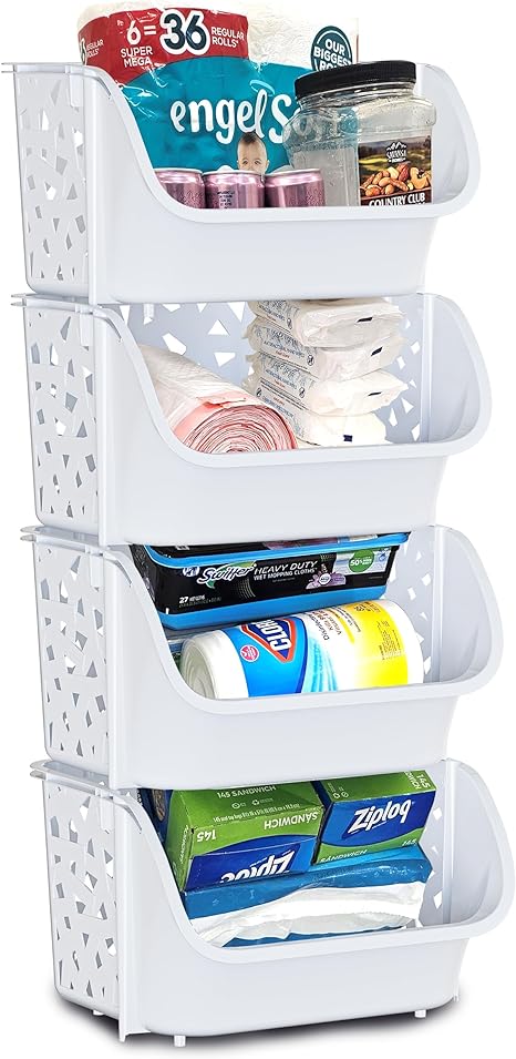 Skywin Plastic Stackable Storage Bins for Pantry White - 4-Pack Stackable Bins For Organizing Food, Kitchen, and Bathroom Essentials (Triangles)