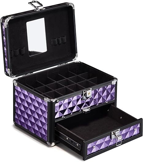 BTGGG Vanity Case Small Make Up Case Box with Mirror Aluminium Professional Cosmetic Organiser with Drawer Portable Beauty Make Up Storage Box Lockable with Keys, Diamond Purple
