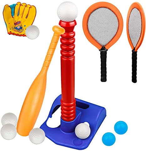 Meland T-Ball Set for Toddlers - Tee Baseball Sport Game with Toy Tennis Rackets, Baseball Gloves, 7 Balls, Outdoor Toy Birtday for Kids
