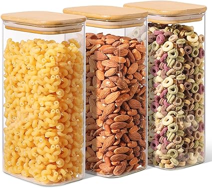 ComSaf 54oz Rectangle Glass Storage Containers with Lids, Glass Jars with Bamboo Lids, Clear Food Storage Jar, Sugar Coffee Containers, Pantry Storage Container for Pasta Flour Oats Nuts