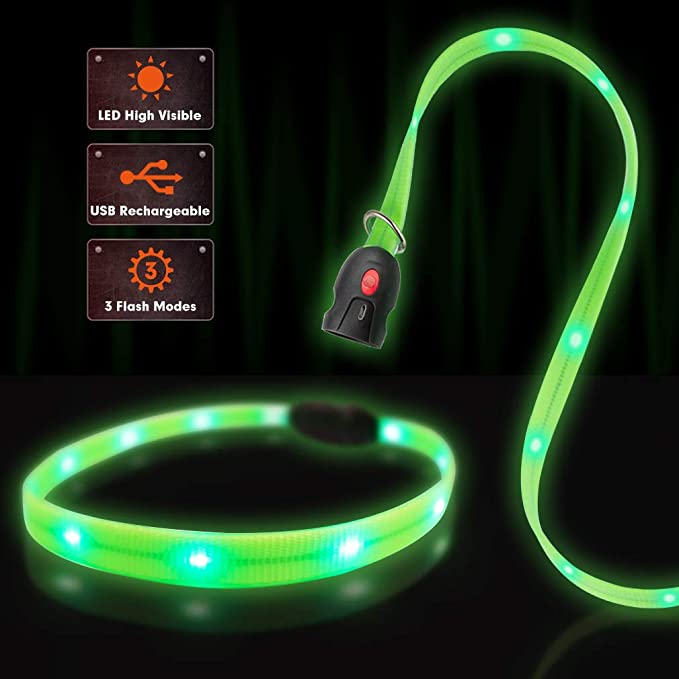 EXPAWLORER Rechargeable LED Dog Collar with Leash - Adjustable Size - USB Rechargeable Safety Waterproof Flashing Light for Night Walking - Color Green