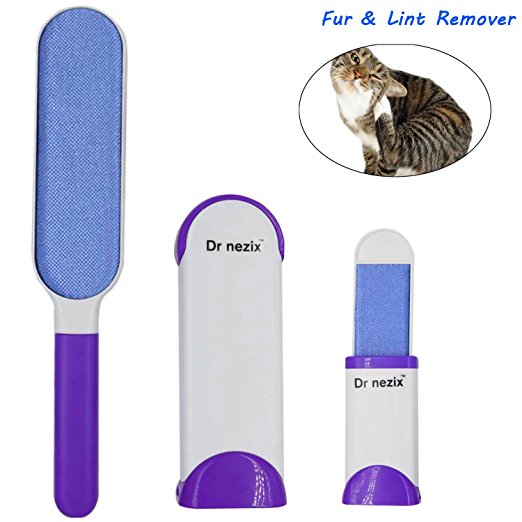Dr Nezix® Blue Fur Wizard Pet Fur & Lint Remover with Self-Cleaning Base Double-Sided Brush Removes Dog & Cat Hair from Clothes & Furniture