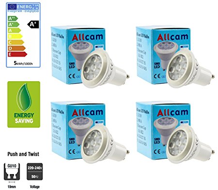 4 Pack Allcam 7W Ultra Bright GU10 LED Bulbs Daylight White, Replace 50W-70W Halogen, 50mm Height, Perfect as LED Downight & Spotlights