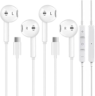 2 Pack USB C Headphones, Type C Earphone Stereo in-Ear Wired Earbuds with Mic & Remote Control Noise Cancelling Headsets Compatible with iPad Pro New 2018 2019, Pixel 3XL, Huawei P40, Samsung S20