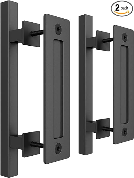 SMARTSTANDARD 2 Pack Barn Door Handles Set, 12" Large Rustic Two-Side Design, Pull and Flush Sliding Door Handle for Gates Garages Sheds Furniture, Black, Square