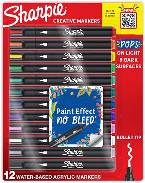 SHARPIE Creative Markers, Brush Tip Art Markers, Water-Based Acrylic Markers, Paint Marker Set, Assorted Colors, 12 Count