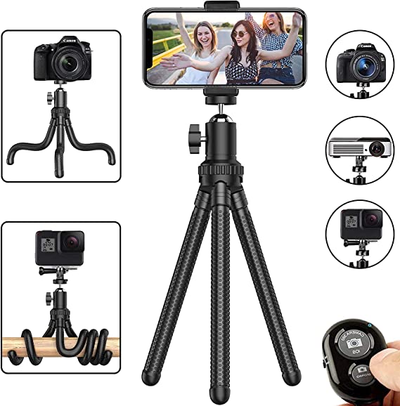Phone Tripod, Portable and Adjustable Camera Stand Holder with Wireless Remote and Universal Clip 360° Rotating, Flexible Travel Tripod for Smart Phone GoPro and Small Camera