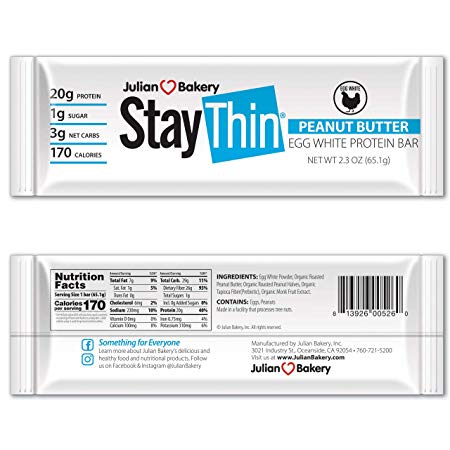 Stay Thin® Protein Bar (Organic Peanut Butter) (170 Cal)(20g Protein)(Egg White)(3 Net Carbs)(4 Ingredients)(1g Sugar)(12 Gluten-Free Bars)