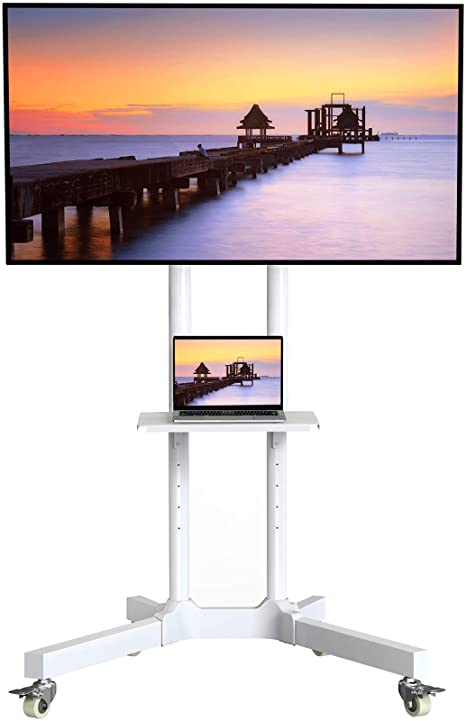 Mobile TV Cart with Wheels for 32-75 Inch LCD LED 4K Flat Curved Screen TVs- Height Adjustable Rolling TV Stand Hold Up to 132 lbs- Trolley Floor Stand with Tray Max VESA 600x400mm White