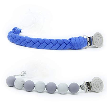 Teething Pacifier Clips BPA Free Silicone Beaded Binky Holder & Soft Chewable Braided Cotton Teether Toy Leash Baby Shower Gift (Set of 2 Blue&Gray)