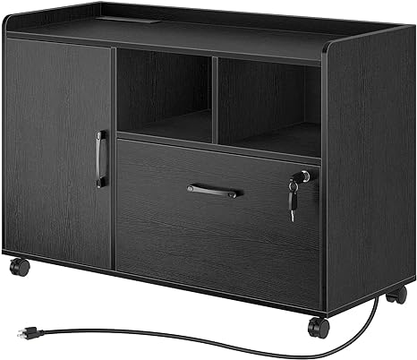 Rolanstar File Cabinet with Charging Station, Mobile Lateral Filing Cabinet with Locking Drawer, Printer Stand with Open Storage Shelf with Wheels, for Letter/Legal/A4 Size Files,Black