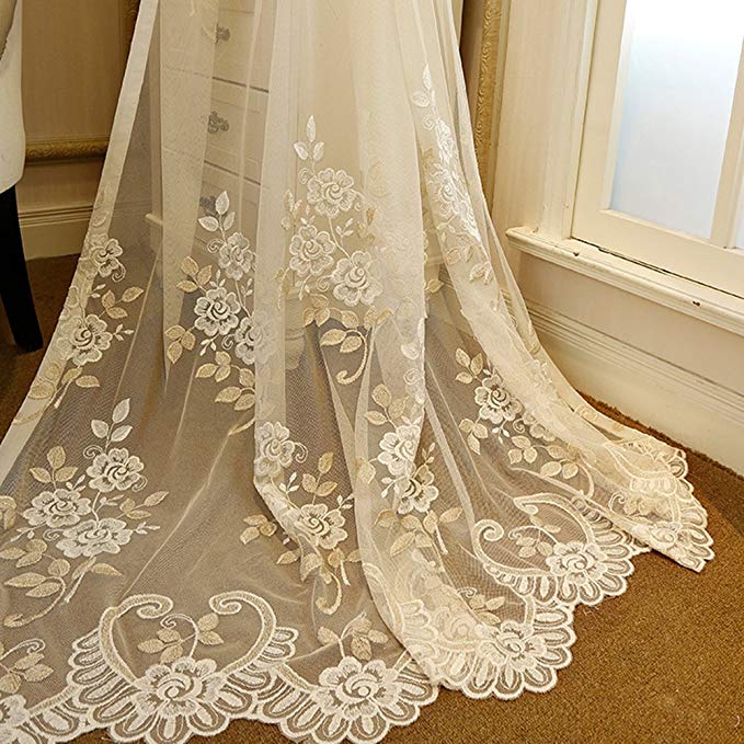 AiFish Romantic Embroidered Sheer Curtains Floral Tulle Gauze Curtains Rod Pocket Country Style Luxury Lace Voile Window Drape Panel Net Mesh Curtains for Living Room Beige 1 Piece W39 x L96 inch
