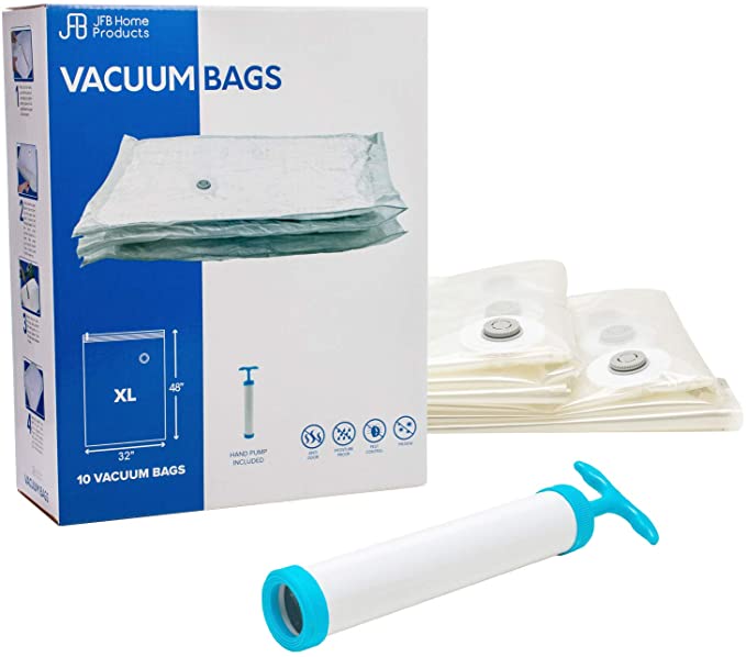 JFB HOME - Vacuum Compression Bags for Storage - Triple Your Packing or Storage Space with Leakproof Space Saver Bags - Includes 10 XL Bags Plus Hand Pump (Kit C)