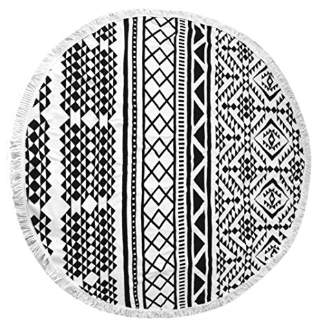 ONEPACK Beach Towel Round Tapestry Indian Throw with Tassels Thick Ultra Soft Water Absorbent Tropical Manlada Roundie Design 60 inch (Black Geometry)