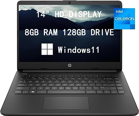 HP 2023 Newest Upgraded Laptops for College Student & Business, 14" HD Computer, Intel Celeron N4120 Quad-Core, 8GB RAM, 128GB(64GB SSD 64GB Card) Fast Charge, Webcam, Windows 11, LIONEYE HDMI Cable