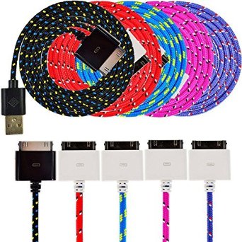 UNISAME [Pack of 5Pcs] Premium 3Ft 1Meter Rugged Nylon Braided 30 Pin USB Charging & Sync Data Cable Charger Cord for iPhone 4 4S 3GS 3G, iPad 2, iPad 3, iPod Touch 1/2/3/4 (Black/ Red/ Blue/ Purple/ Hot Pink)