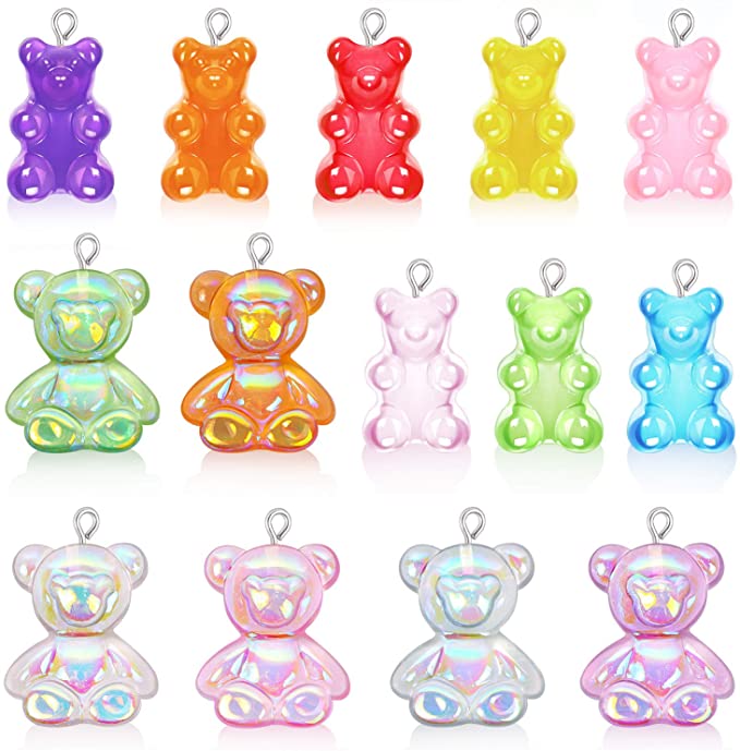 28 Pcs Resin Candy Gummy Bear Pendant, KISSBUTY 14 Colors Mixed Bear Candy Charms Shining Cartoon Bear Keychain Pendants Necklace Resin Bear Charm for DIY Jewelry Making Crafting