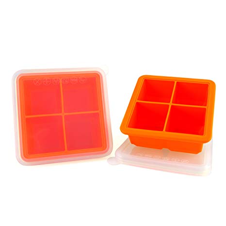 Mirenlife 2 Inch Large Food Grade Silicone Ice Cube Tray with Lid, FDA Certified Silicone Mold, Baby Food Storage, Pinch Test Passed, 4 Cube, Set of 2, Orange