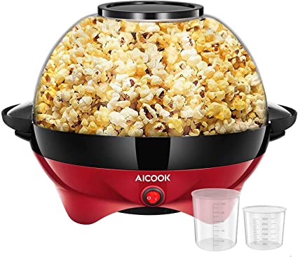 Popcorn Machine, AICOOK 6-Quart/24-Cup 800W Fast Heat-up Popcorn Popper Machine, Electric Hot Oil Butter Popcorn Maker with Stirring Rod, Nonstick Plate, Dishwasher Safe, Red