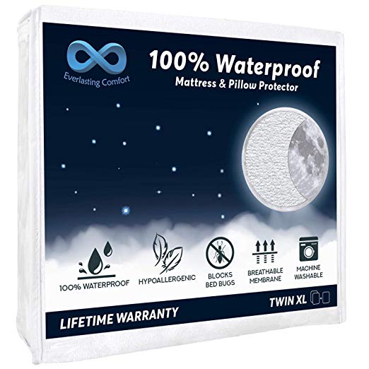 Everlasting Comfort 100% Waterproof Mattress Protector (Twin XL) and 1 Free Pillow Protector. Complete Set, Hypoallergenic, Breathable Membrane (Packaging May Vary)