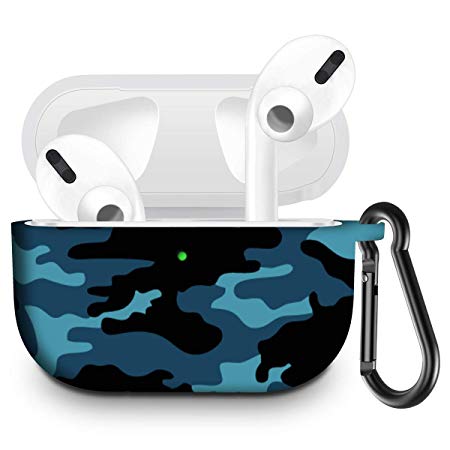 JOMax Soft Slim Silicone Case Cover for AirPods Pro Anti-Lost & Shockproof Easy Carrying Skin Protective Case with Keychain for Apple AirPods Pro [2019 Release] - Blue Camouflage