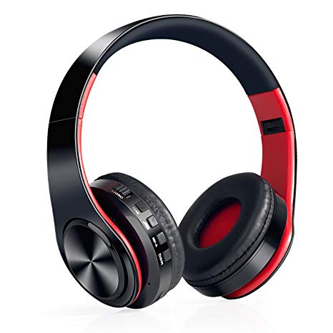 Bluetooth Over Ear Headphones, WolinTek Foldable Wireless Headset with Micro SD/TF Card Slot, Microphone & 3.5mm Jack, Comfortable Protein Ear pads, 10 Hours Playtime - Black/Red