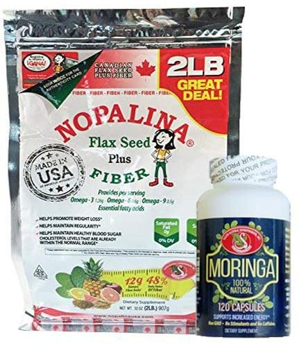 Nopalina Flax Seed Plus Fiber (2LB Bag)- Contains Omega 3, 6 & 9 Supplements,- Organic Flax Seed Oil Bundle Pack W/Moringa Capsules Included