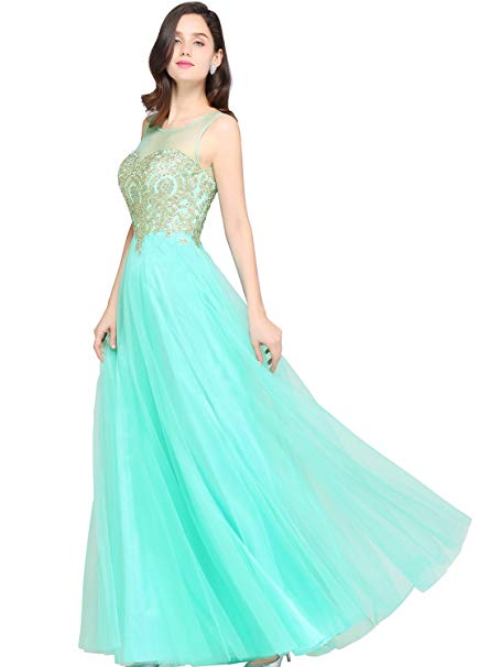 Babyonline Blue Long Prom Lace Dresses Evening Gowns with Sequins