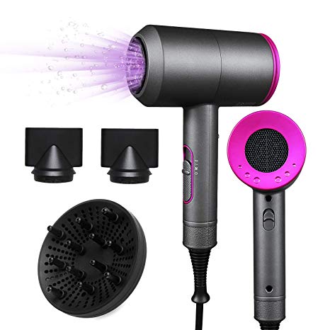 Hair Dryer, 2000W Ionic Blow Dryer Professional Hairdryer with Diffuser, 3 Temperature 2 Speed and 1 Cool Setting Hairdryer, Low Noise Fast Styling Hair Dryer for Travel Home Salon