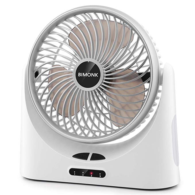 Desk Battery Operated Fan, 5-17 Running Hours, USB Powered, 5000 mah Power Bank, 3 Speeds, Adjustable Fan, Personal Cooling 7 Inch Fan with LED Light for Outdoor and Indoor