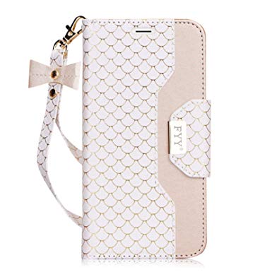 FYY Leather Case with Mirror for iPhone 8/iPhone 7, Leather Wallet Flip Folio Case with Mirror and Wrist Strap for iPhone 8/iPhone 7 White