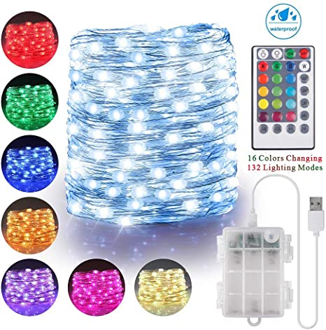 100 LED String Lights Battery Operated & USB Powered, 33ft 16 Colors Waterproof Fairy Lights with Remote Control Timer Christmas Lights for Bedroom Dorm Garden Patio Wedding Party Decor(132 Modes)