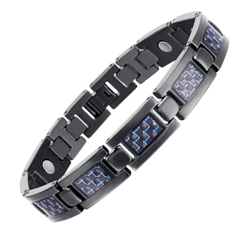 Rainso Mens Black Titanium Magnetic Bracelet With Blue Carbon Fibre In Black Gift Bag   Link Removal Tool