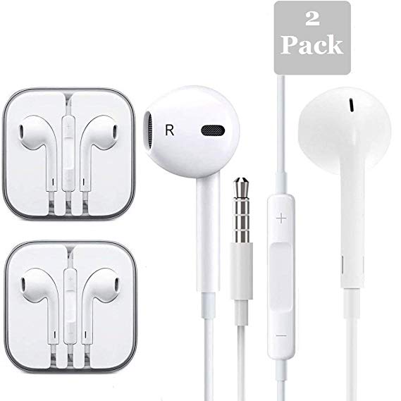Earphones with Microphone [2 Pack] Premium Stereo Earbuds/Earphone/Headphones Noise Isolating Headset Ear Buds with Remote Volume Control and Mic 3.5mm Plug - White