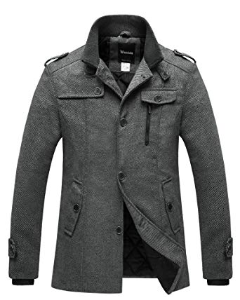 Wantdo Men's Wool Blend Jacket Stand Collar Windproof Pea Coat