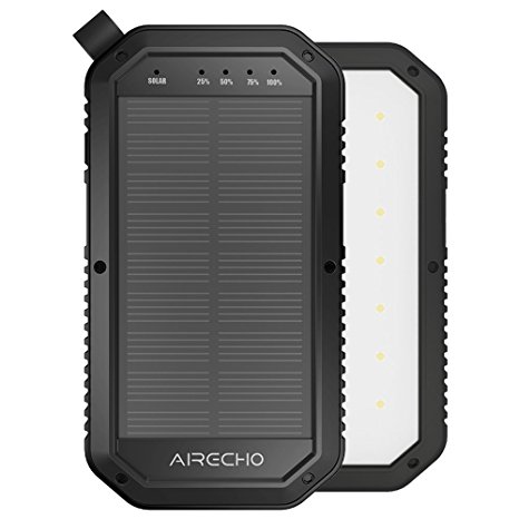 Solar Charger, Airecho 10000mAh Portable Outdoor Solar Power Bank with LED Flashlight 3 USB Ports Battery Pack for Cell Phone, iPhone,Samsung, GoPro Camera, GPS and More - Black