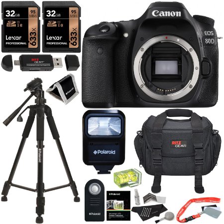 Canon EOS 80D Digital SLR Camera Body, Lexar 32GB Memory Card 2 Pack, Rit Gear Camera Case, Polaroid Flash, Polaroid 57" Tripod, Polaroid Lens Cleaning Kit, Screen Protector and Accessory Bundle